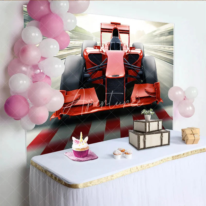 Aperturee - Aperturee Red Race Car Birthday Backdrop Fast Formula Racing Sport Theme Boys Party Photography Background