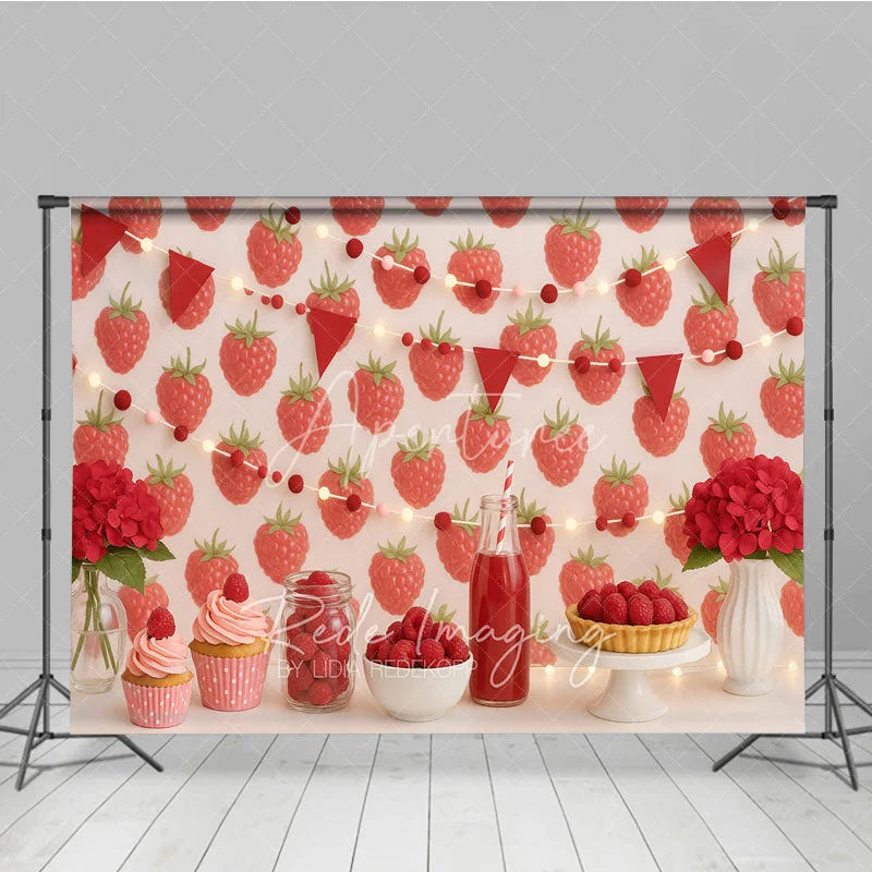 Aperturee - Aperturee Red Raspberry Garden Photo Backdrop Berry Sweet Birthday Cake Smash Photography Background