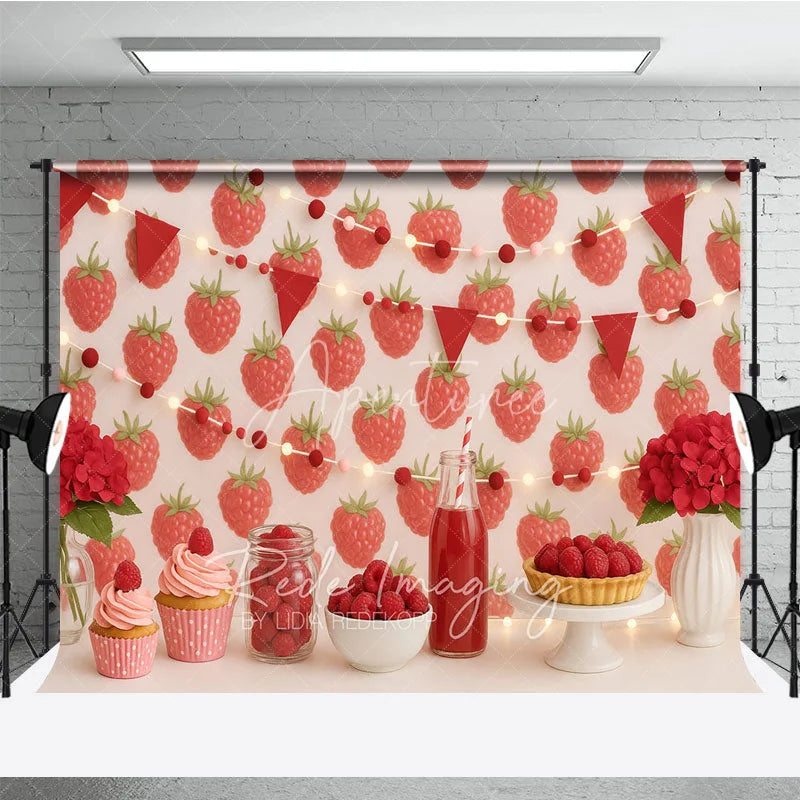 Aperturee - Aperturee Red Raspberry Garden Photo Backdrop Berry Sweet Birthday Cake Smash Photography Background