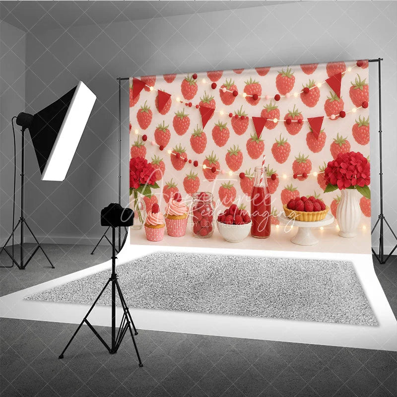 Aperturee - Aperturee Red Raspberry Garden Photo Backdrop Berry Sweet Birthday Cake Smash Photography Background