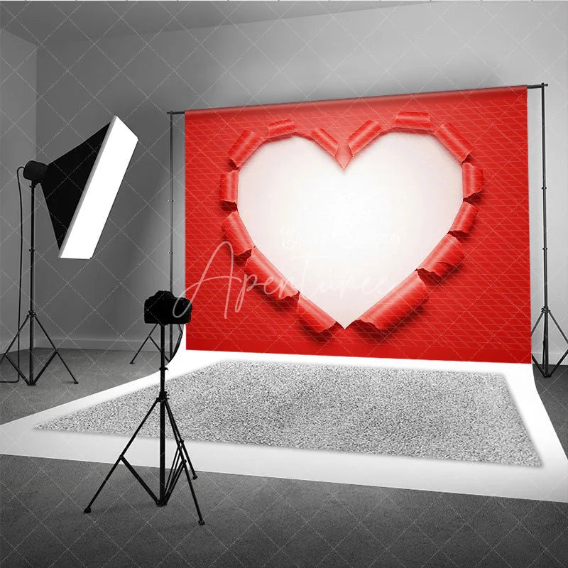 Aperturee - Aperturee Red Ripped Paper Heart Backdrop White Space Love Concept Background Creative Valentine Day Photography Prop