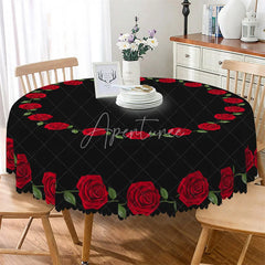 Aperturee - Aperturee Red Rose Border Black Round Tablecloth Minimalist Floral Ring Table Cover for Wedding
