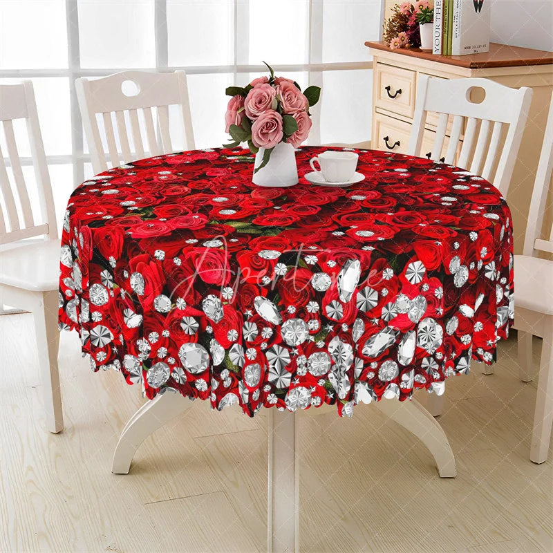 Aperturee - Aperturee Red Rose Diamond Round Tablecloth Luxury Gemstone Floral Table Cover for Wedding Anniversary