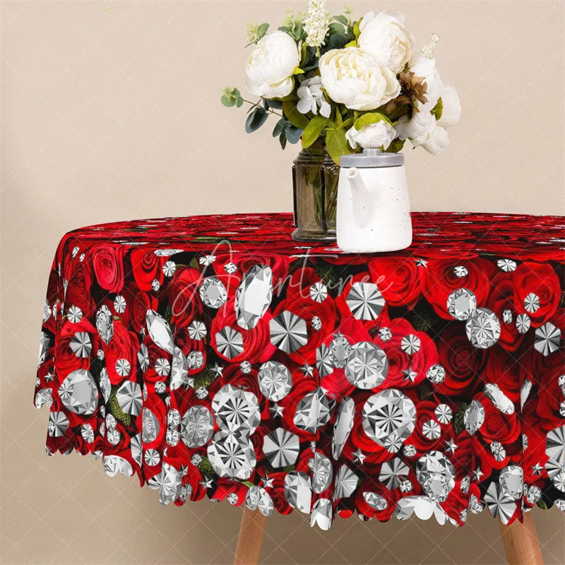 Aperturee - Aperturee Red Rose Diamond Round Tablecloth Luxury Gemstone Floral Table Cover for Wedding Anniversary
