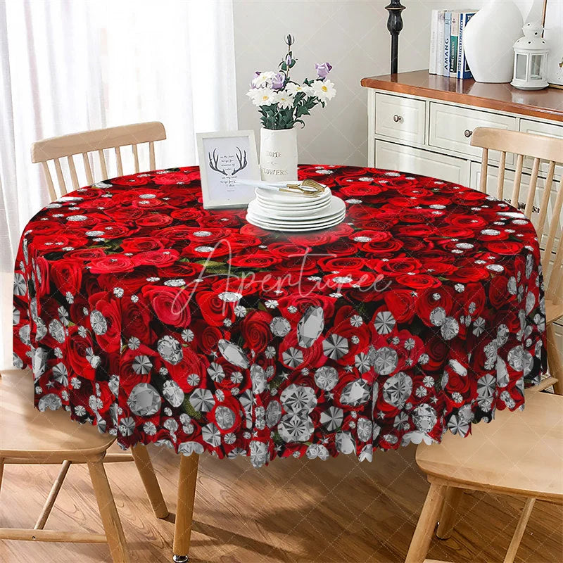 Aperturee - Aperturee Red Rose Diamond Round Tablecloth Luxury Gemstone Floral Table Cover for Wedding Anniversary
