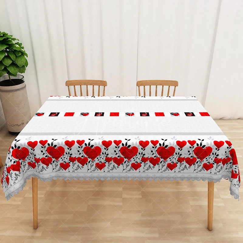 Aperturee - Aperturee Red Rose Heart Geometric Rectangle Tablecloth Grey Texture Black Square Table Cover Modern Valentine Decor