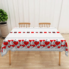 Aperturee - Aperturee Red Rose Heart Geometric Rectangle Tablecloth Grey Texture Black Square Table Cover Modern Valentine Decor