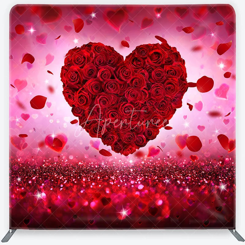 Aperturee - Aperturee Red Rose Heart Glitter Valentine’s Day Square Double-Sided Backdrop Romantic Love Celebration Decor