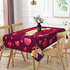 Aperturee - Aperturee Red Rose Heart Valentine Day Rectangle Tablecloth Cupid and Gold Banner Romantic Holiday Party Decor