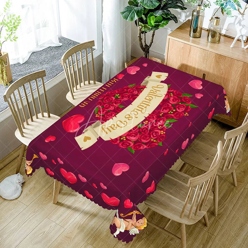 Aperturee - Aperturee Red Rose Heart Valentine Day Rectangle Tablecloth Cupid and Gold Banner Romantic Holiday Party Decor