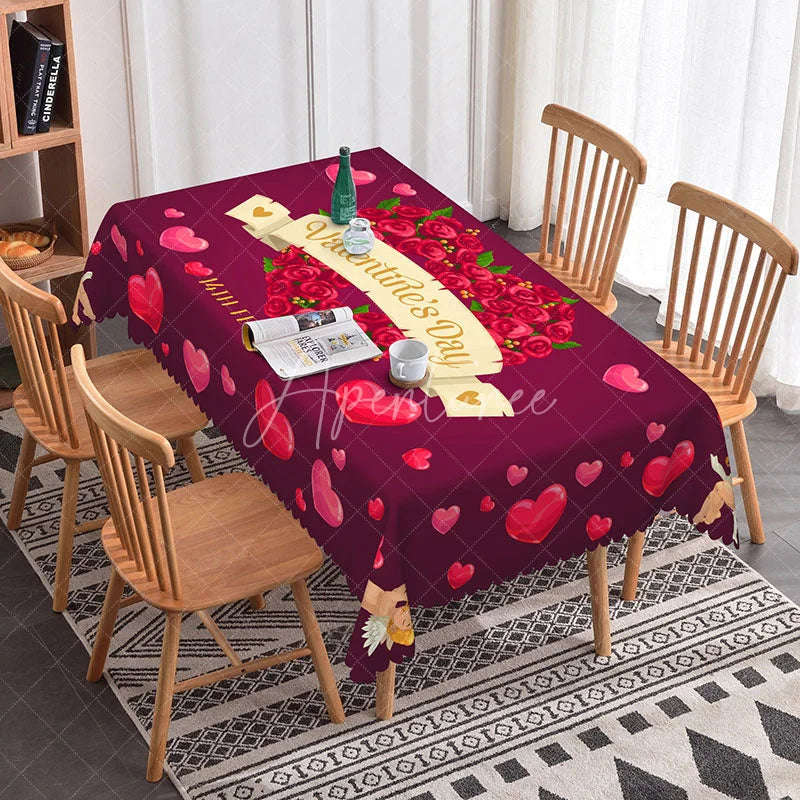Aperturee - Aperturee Red Rose Heart Valentine Day Rectangle Tablecloth Cupid and Gold Banner Romantic Holiday Party Decor