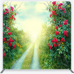 Aperturee - Aperturee Red Roses and Green Foliage Sunlit Path Square Double-Sided Backdrop Romantic Garden Nature Scene