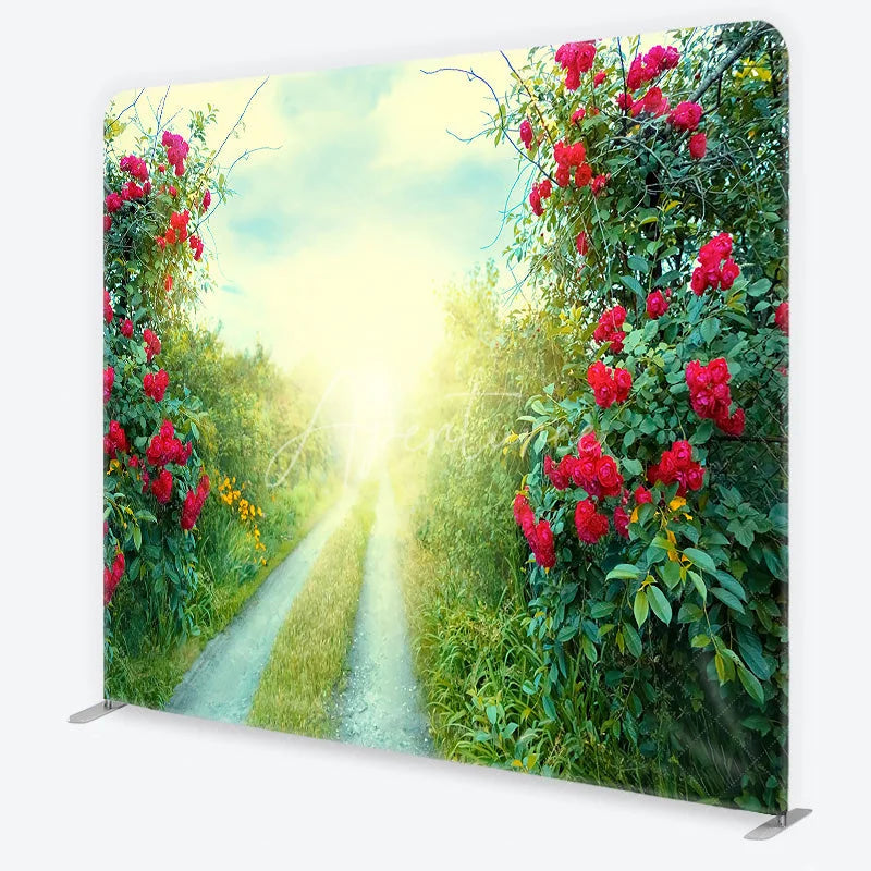Aperturee - Aperturee Red Roses and Green Foliage Sunlit Path Square Double-Sided Backdrop Romantic Garden Nature Scene