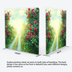 Aperturee - Aperturee Red Roses and Green Foliage Sunlit Path Square Double-Sided Backdrop Romantic Garden Nature Scene