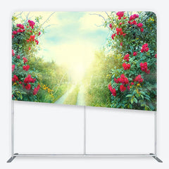 Aperturee - Aperturee Red Roses and Green Foliage Sunlit Path Square Double-Sided Backdrop Romantic Garden Nature Scene