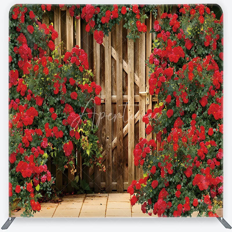 Aperturee - Aperturee Red Roses and Rustic Wood Gate Garden Backdrop Floral Wedding Anniversary Party Decor Romantic Tension Fabric Backdrop