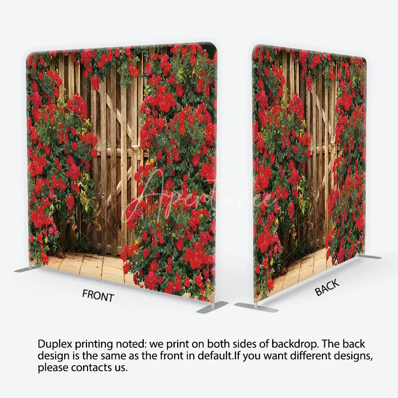 Aperturee - Aperturee Red Roses and Rustic Wood Gate Garden Backdrop Floral Wedding Anniversary Party Decor Romantic Tension Fabric Backdrop