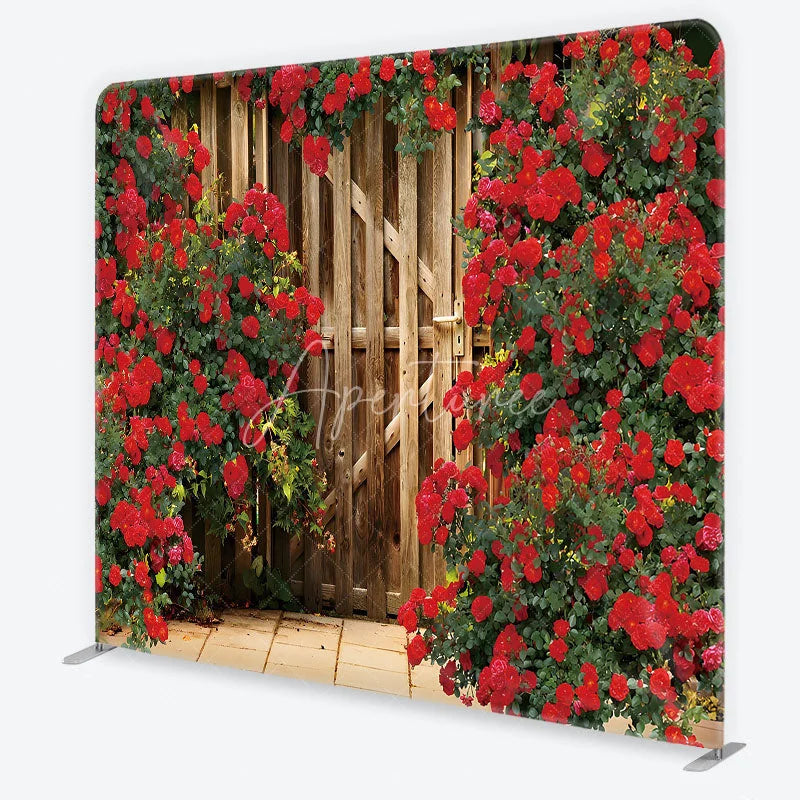 Aperturee - Aperturee Red Roses and Rustic Wood Gate Garden Backdrop Floral Wedding Anniversary Party Decor Romantic Tension Fabric Backdrop