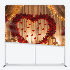 Aperturee - Aperturee Red Roses Heart Arch with Hanging Hearts Square Double-Sided Backdrop Romantic Valentine’s Day Wedding Decor