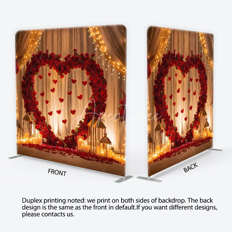 Aperturee - Aperturee Red Roses Heart Arch with Hanging Hearts Square Double-Sided Backdrop Romantic Valentine’s Day Wedding Decor