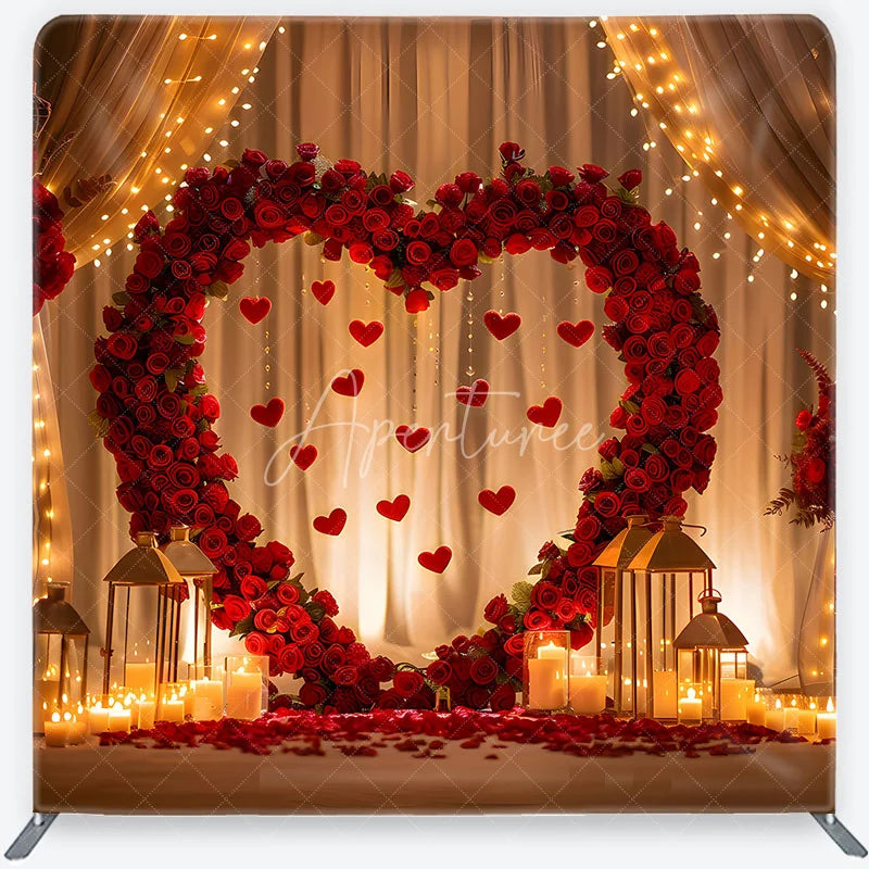 Aperturee - Aperturee Red Roses Heart Arch with Hanging Hearts Square Double-Sided Backdrop Romantic Valentine’s Day Wedding Decor