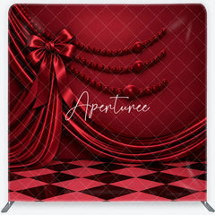 Aperturee - Aperturee Red Satin Drapes and Bow Square Double-Sided Backdrop with Elegant Checkerboard Floor and Pearl Beads