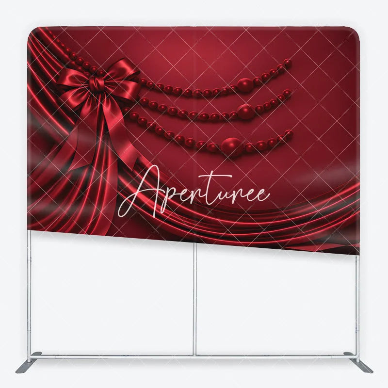 Aperturee - Aperturee Red Satin Drapes and Bow Square Double-Sided Backdrop with Elegant Checkerboard Floor and Pearl Beads
