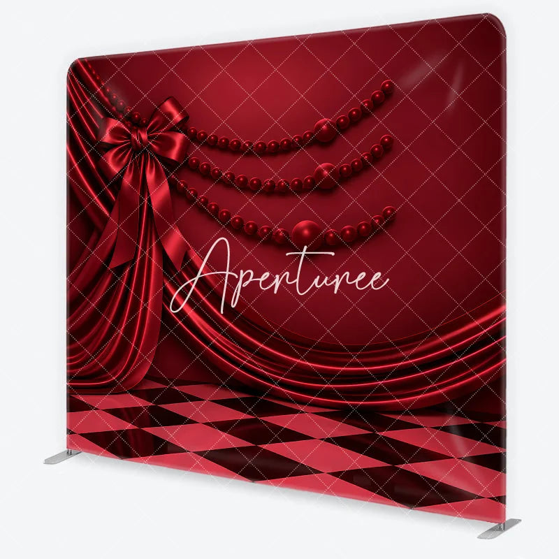 Aperturee - Aperturee Red Satin Drapes and Bow Square Double-Sided Backdrop with Elegant Checkerboard Floor and Pearl Beads