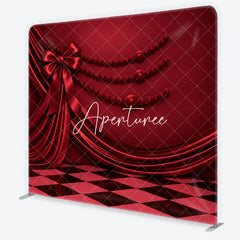 Aperturee - Aperturee Red Satin Drapes and Bow Square Double-Sided Backdrop with Elegant Checkerboard Floor and Pearl Beads