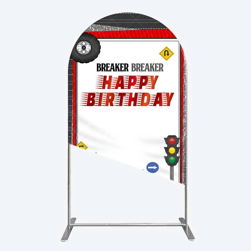 Aperturee - Aperturee Red Semi Truck Arch Backdrop Transportation Birthday Party Tire Photography Background