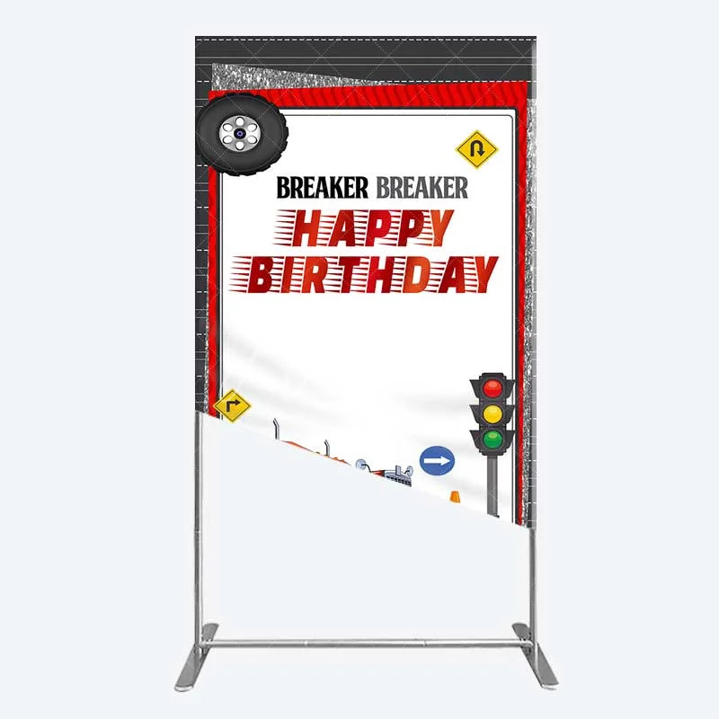 Aperturee - Aperturee Red Semi Truck Rectangle Backdrop Transportation Birthday Party Tire Photography Background