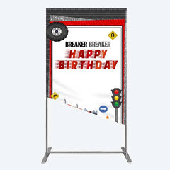 Aperturee - Aperturee Red Semi Truck Rectangle Backdrop Transportation Birthday Party Tire Photography Background