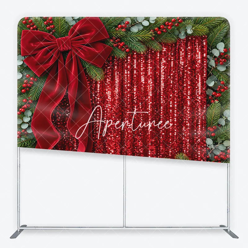 Aperturee - Aperturee Red Sequins and Velvet Bow Christmas Square Double-Sided Backdrop Pine Branches and Berries Holiday Decor