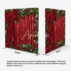Aperturee - Aperturee Red Sequins and Velvet Bow Christmas Square Double-Sided Backdrop Pine Branches and Berries Holiday Decor