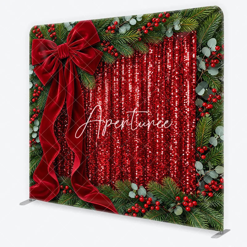 Aperturee - Aperturee Red Sequins and Velvet Bow Christmas Square Double-Sided Backdrop Pine Branches and Berries Holiday Decor