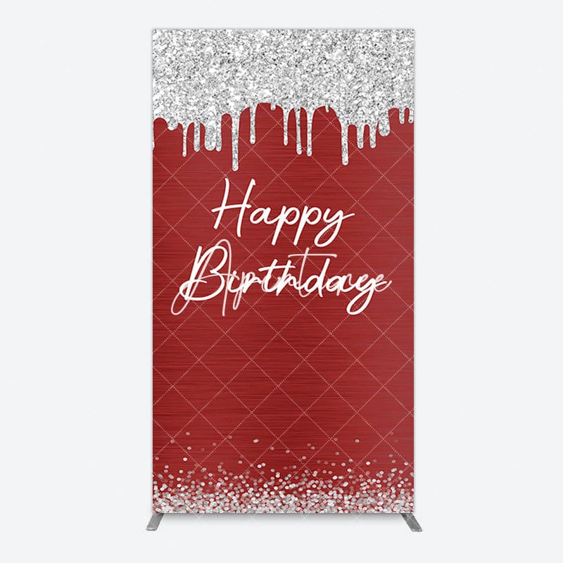 Aperturee - Aperturee Red Silver Glitter Happy Birthday Rectangle Backdrop