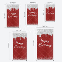 Aperturee - Aperturee Red Silver Glitter Happy Birthday Rectangle Backdrop