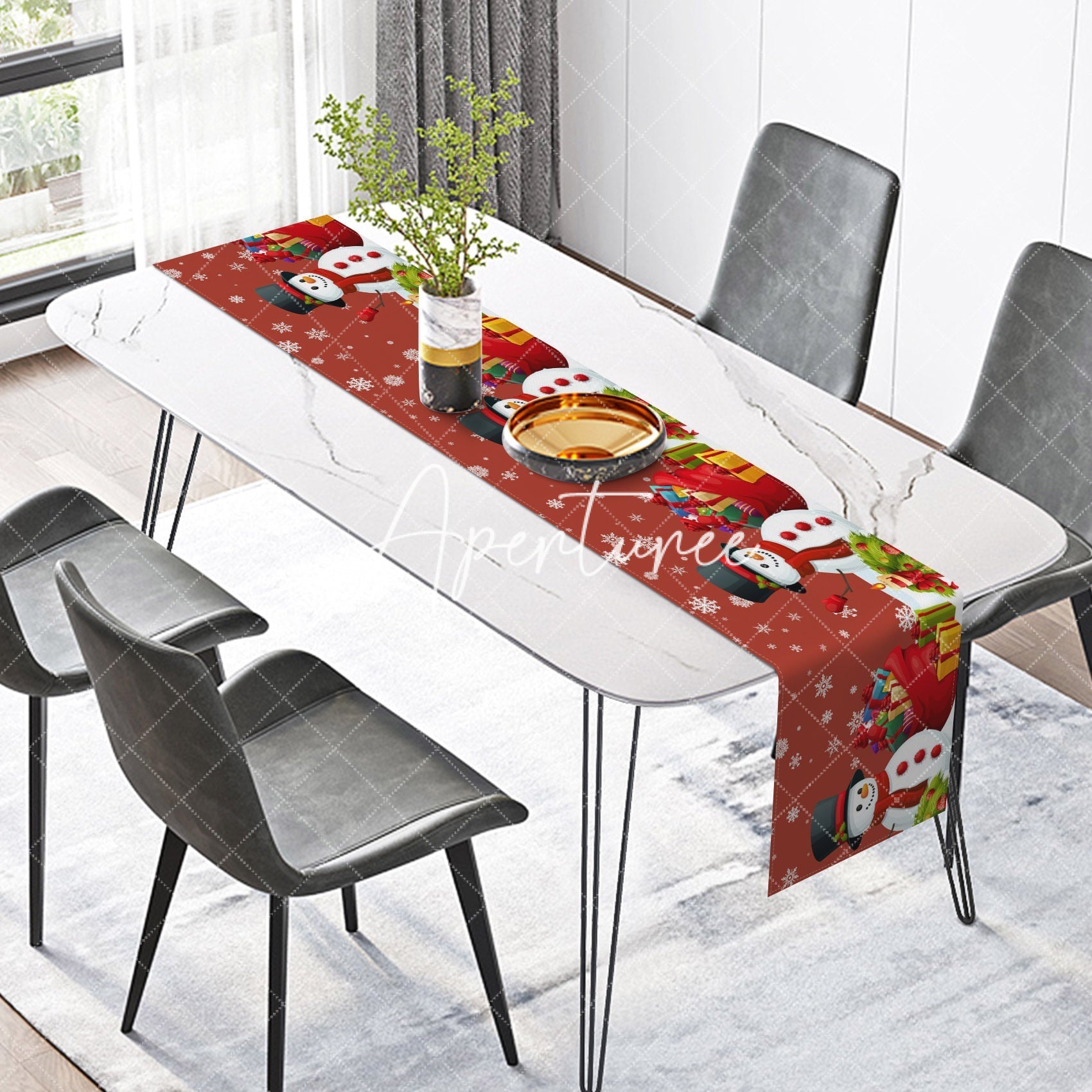 Aperturee - Aperturee Red Snowman Gifts Snowflakes Christmas Table Runner