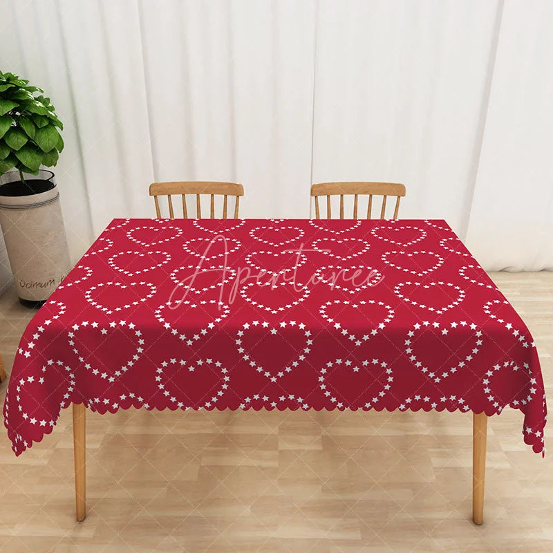 Aperturee - Aperturee Red Star Heart Rectangle Tablecloth White Starry Love Table Cover Valentine Day Holiday Party Decor