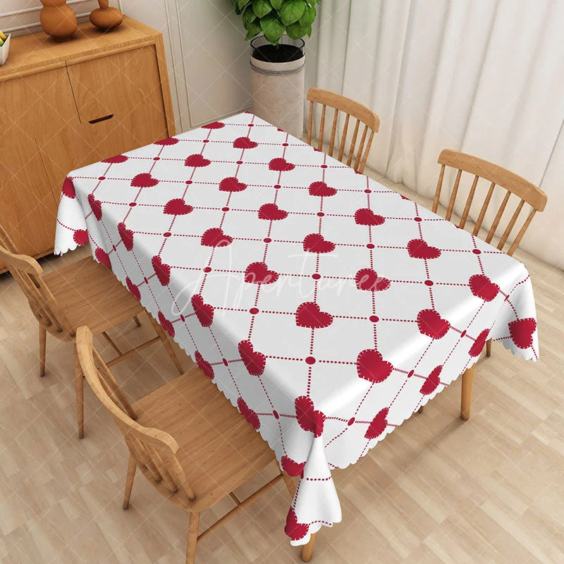 Aperturee - Aperturee Red Stitched Heart Rectangle Tablecloth Geometric Dotted Grid Table Cover Rustic Valentine Farmhouse Decor