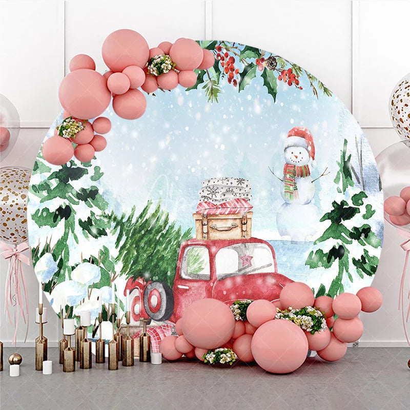 Aperturee - Aperturee Red Truck Christmas Round Backdrop Watercolor Winter Snowman Photography Background
