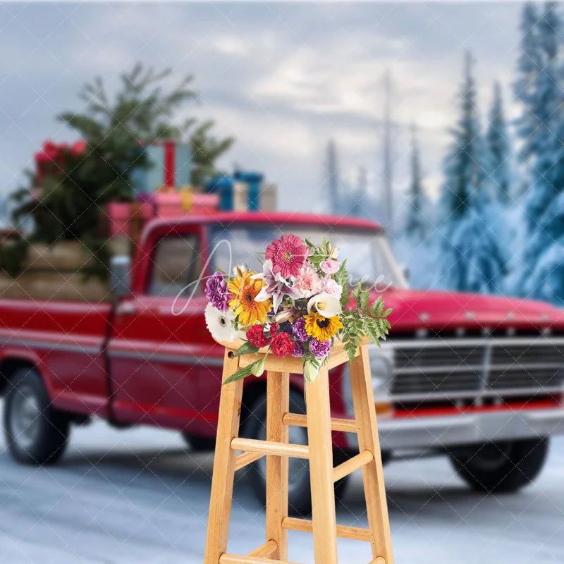 Aperturee - Aperturee Red Vintage Truck Christmas Backdrop Winter Snow Forest Tree Photography Background Car Carrying Gifts Holiday Party