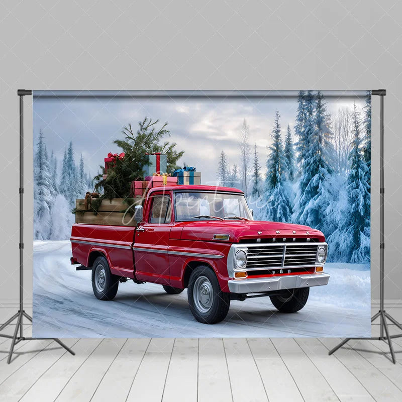 Aperturee - Aperturee Red Vintage Truck Christmas Backdrop Winter Snow Forest Tree Photography Background Car Carrying Gifts Holiday Party