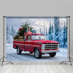 Aperturee - Aperturee Red Vintage Truck Christmas Backdrop Winter Snow Forest Tree Photography Background Car Carrying Gifts Holiday Party