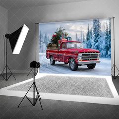 Aperturee - Aperturee Red Vintage Truck Christmas Backdrop Winter Snow Forest Tree Photography Background Car Carrying Gifts Holiday Party