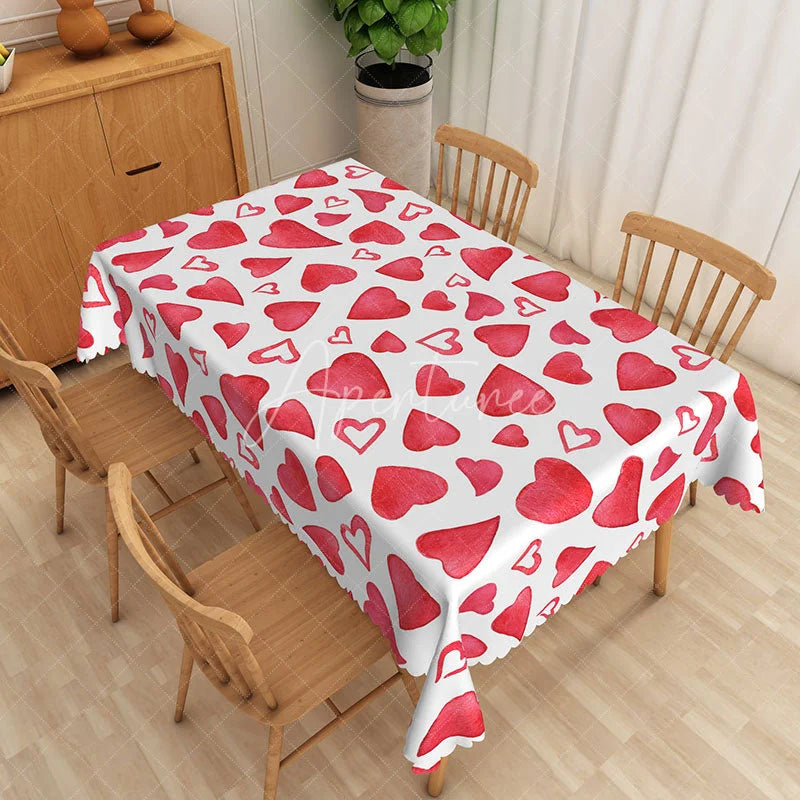 Aperturee - Aperturee Red Watercolor Heart Pattern Rectangle Tablecloth Hand Painted Love Art Table Cover Cute Valentine Home Decor