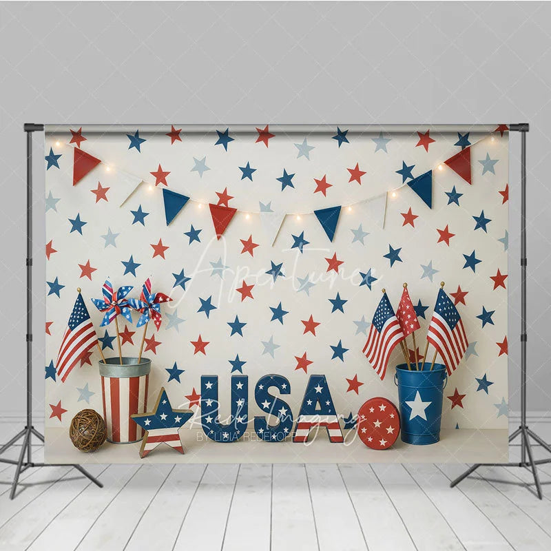 Aperturee - Aperturee Red White and Blue Patriotic Photography Backdrop USA Letters Festive Bunting Garland for Independence Day Celebration