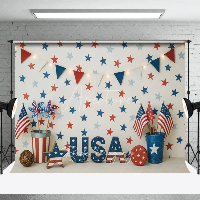 Aperturee - Aperturee Red White and Blue Patriotic Photography Backdrop USA Letters Festive Bunting Garland for Independence Day Celebration