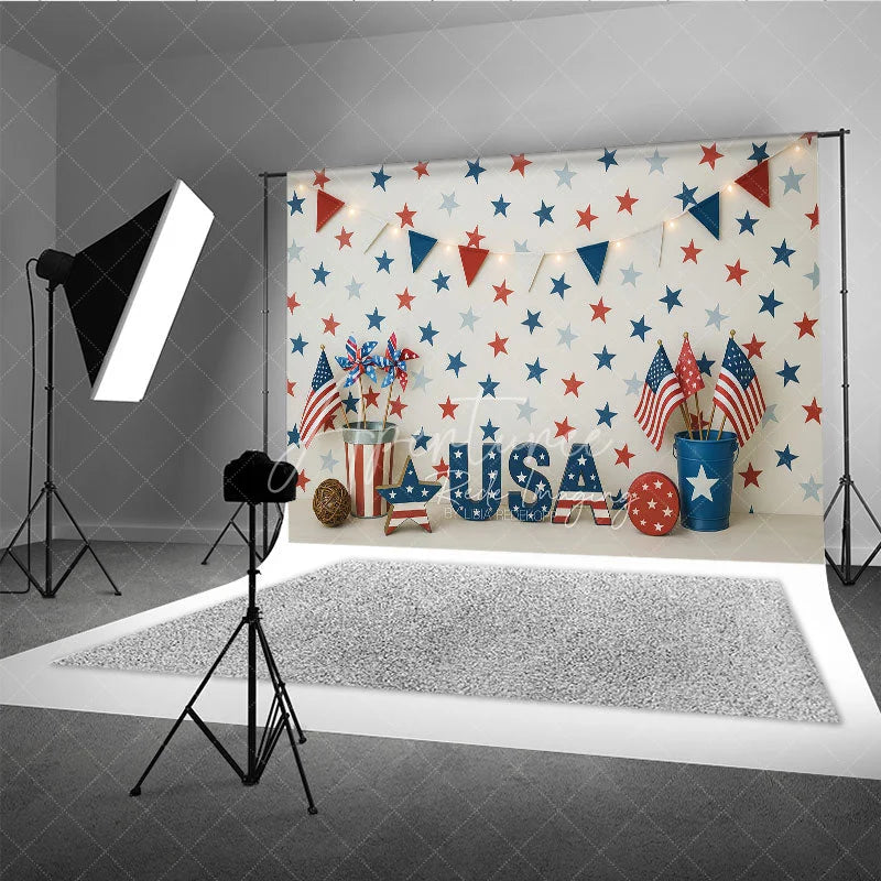 Aperturee - Aperturee Red White and Blue Patriotic Photography Backdrop USA Letters Festive Bunting Garland for Independence Day Celebration