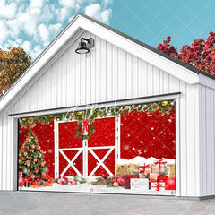 Aperturee - Aperturee Red Wood Barn Door Pine Leaves Garage Door Banner